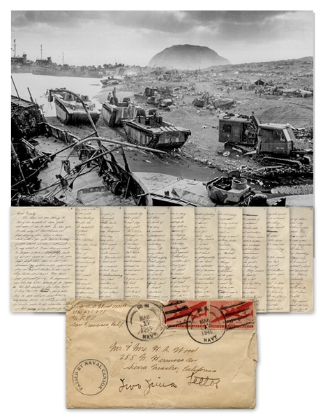 Extraordinary Letter by Alan Wood Describing Iwo Jima: ''...When they raised a little flag on top of the Mountain the Marines on the beach cheered...a Marine came aboard asking for a larger flag...''